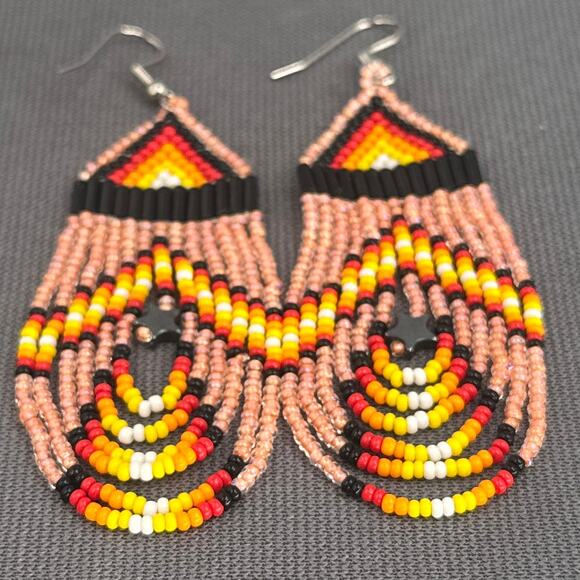 Tribal Earrings Seed Bead Handmade Multicolor Native American Boho Dangle 3” USA - Picture 8 of 15
